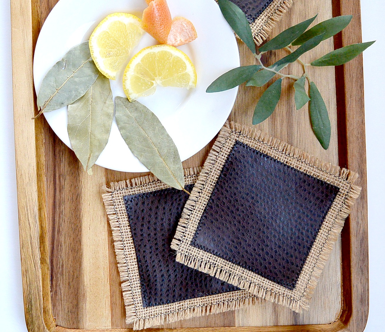 Fringed Burlap and Leather Coaster DIY Mama In A Stitch