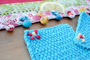 Easy knit coasters seed stitch turq