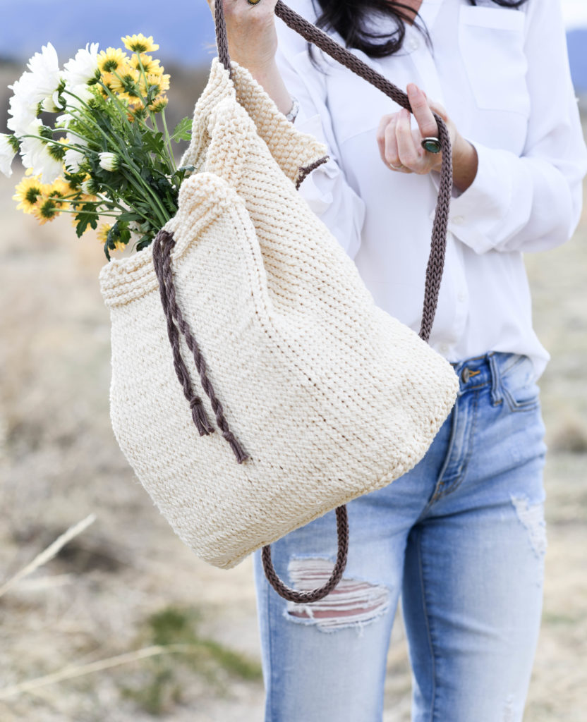 stitch backpack made from free knitting pattern